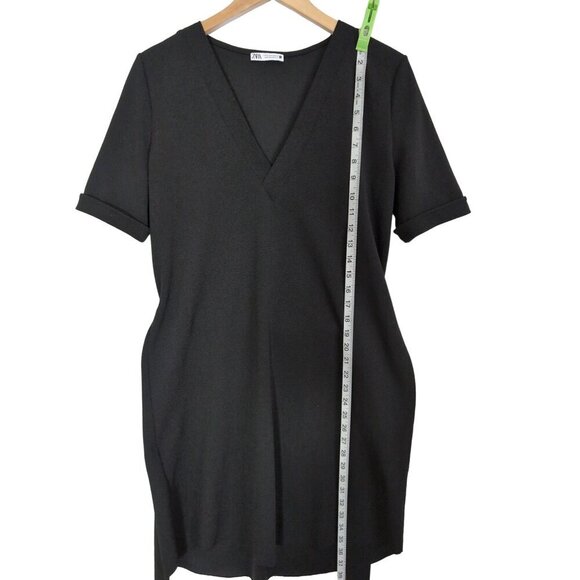 Zara Belted Pullover Dress Womens S Black Short Sleeve Above‎ Knee V-Neck Career - Picture 6 of 8
